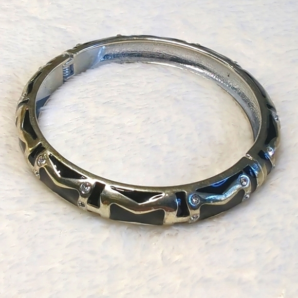 Vintage Sequin Brand Black and Gold Enameled Hinged Bracelet w/ Rhinestones - Picture 1 of 9